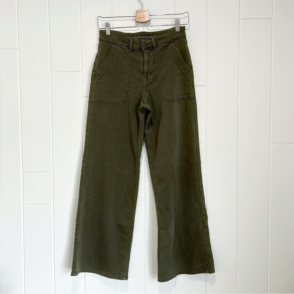 American Eagle Super High Rise Baggy Wide Leg Khaki Green Pants - Picture 2 of 5